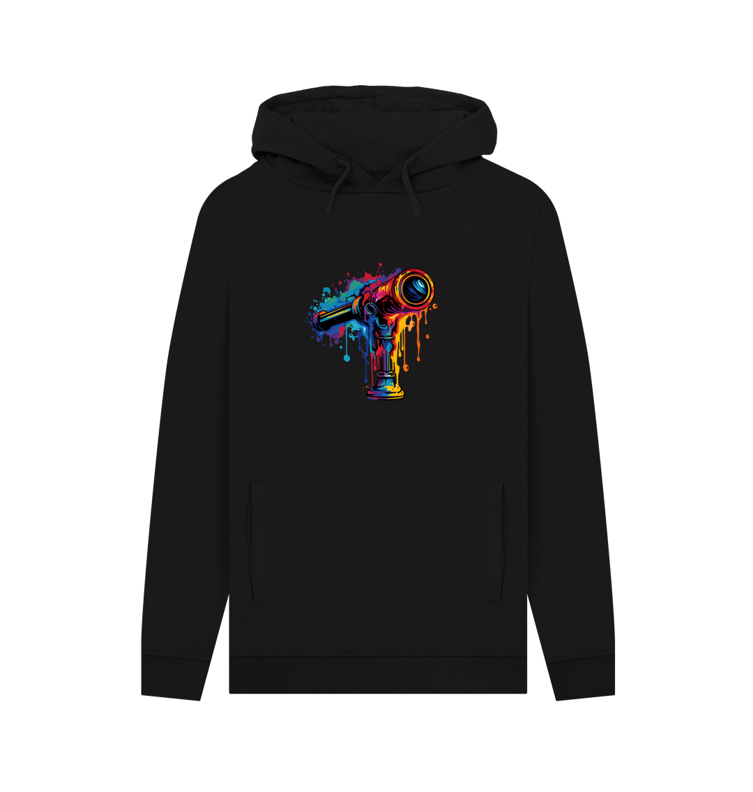Black hoodie with colorful telescope graphic