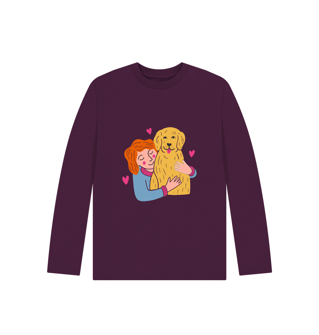 Maroon long-sleeved shirt with girl and dog illustration