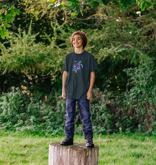 Dark green t-shirt with turtle graphic (person)