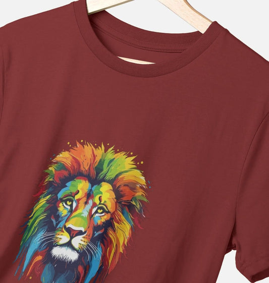 Maroon t-shirt with colorful lion graphic