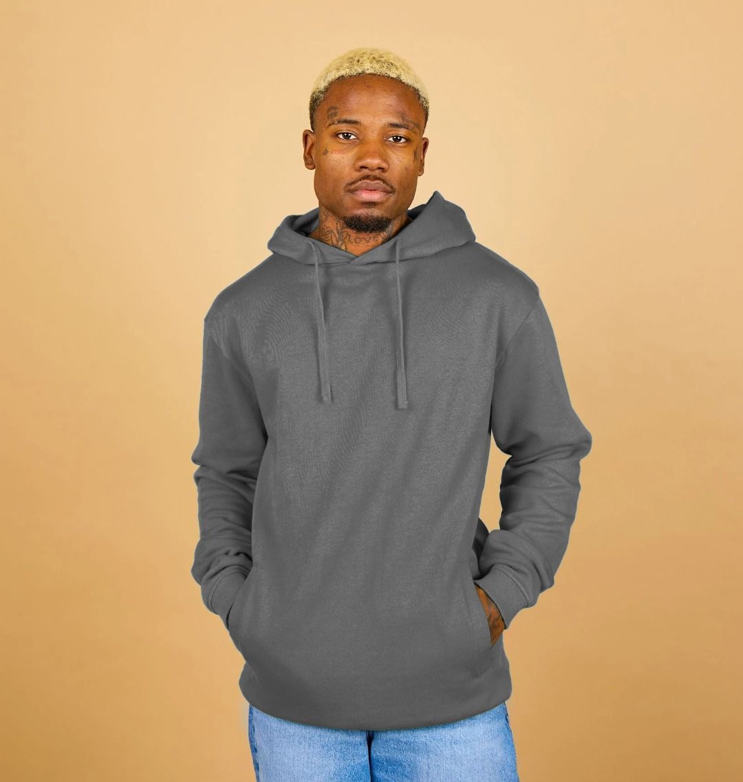 Gray hoodie with drawstrings (person)
