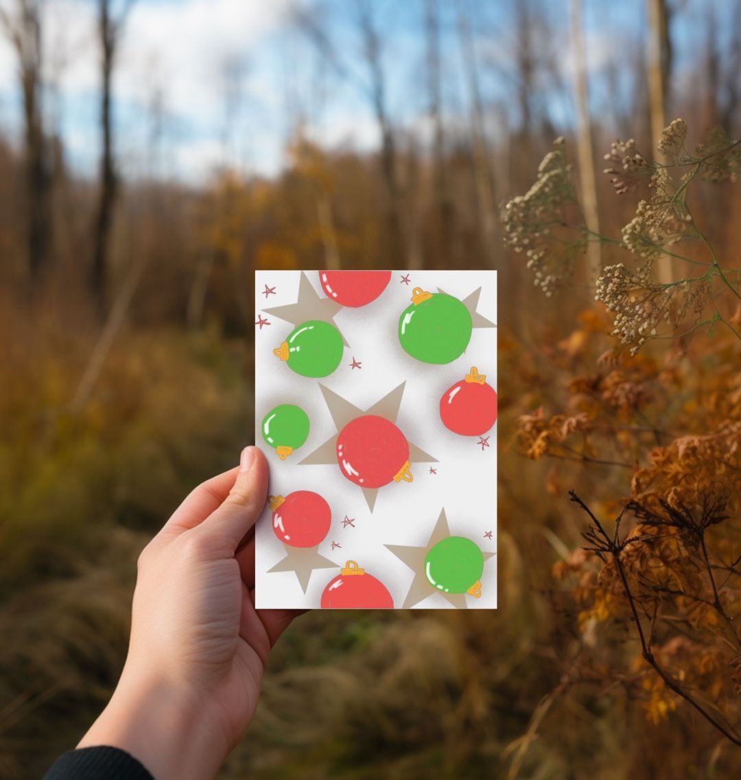 Christmas card with ornaments and stars (person)