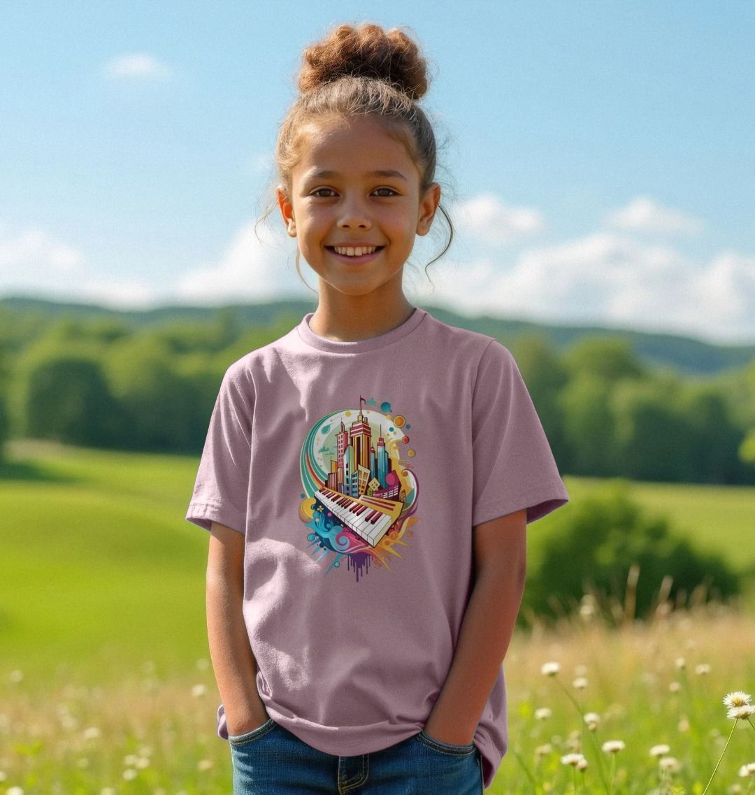Purple t-shirt with colorful cityscape design (person)