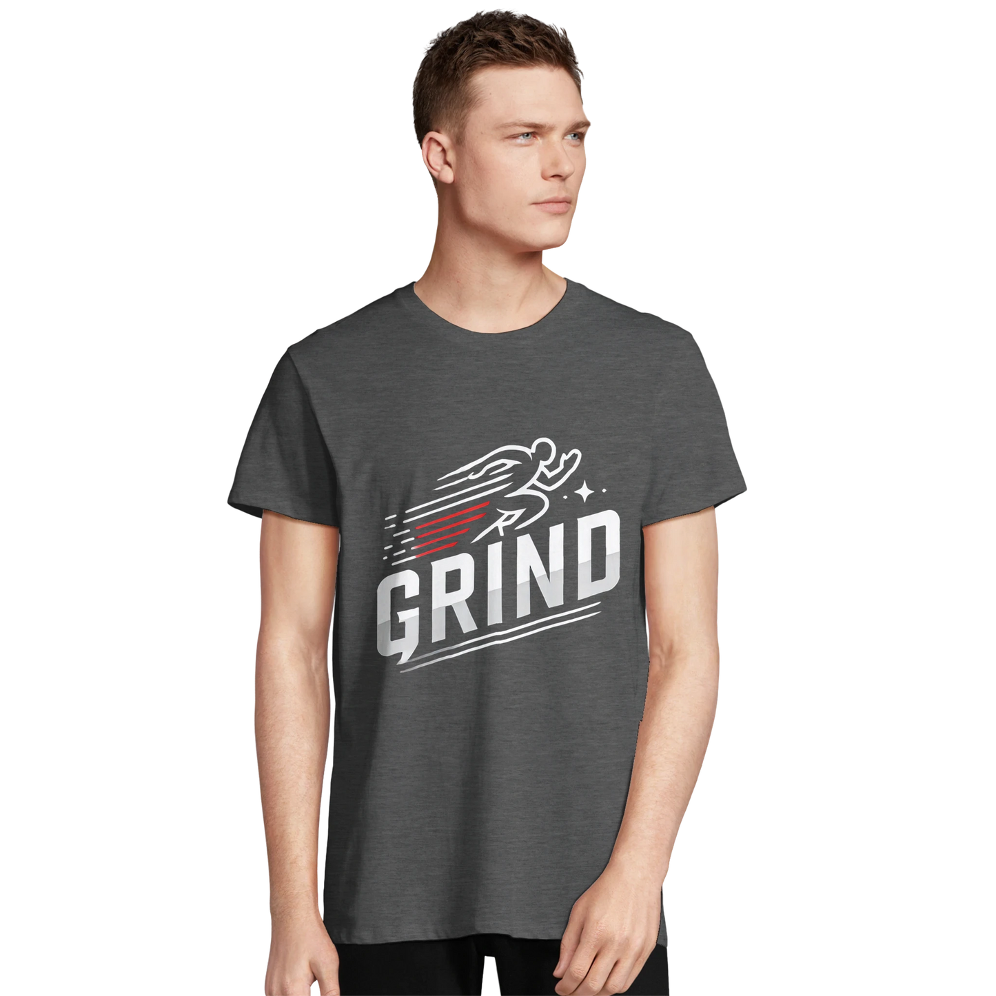 Dark gray t-shirt with "GRIND" graphic (person)