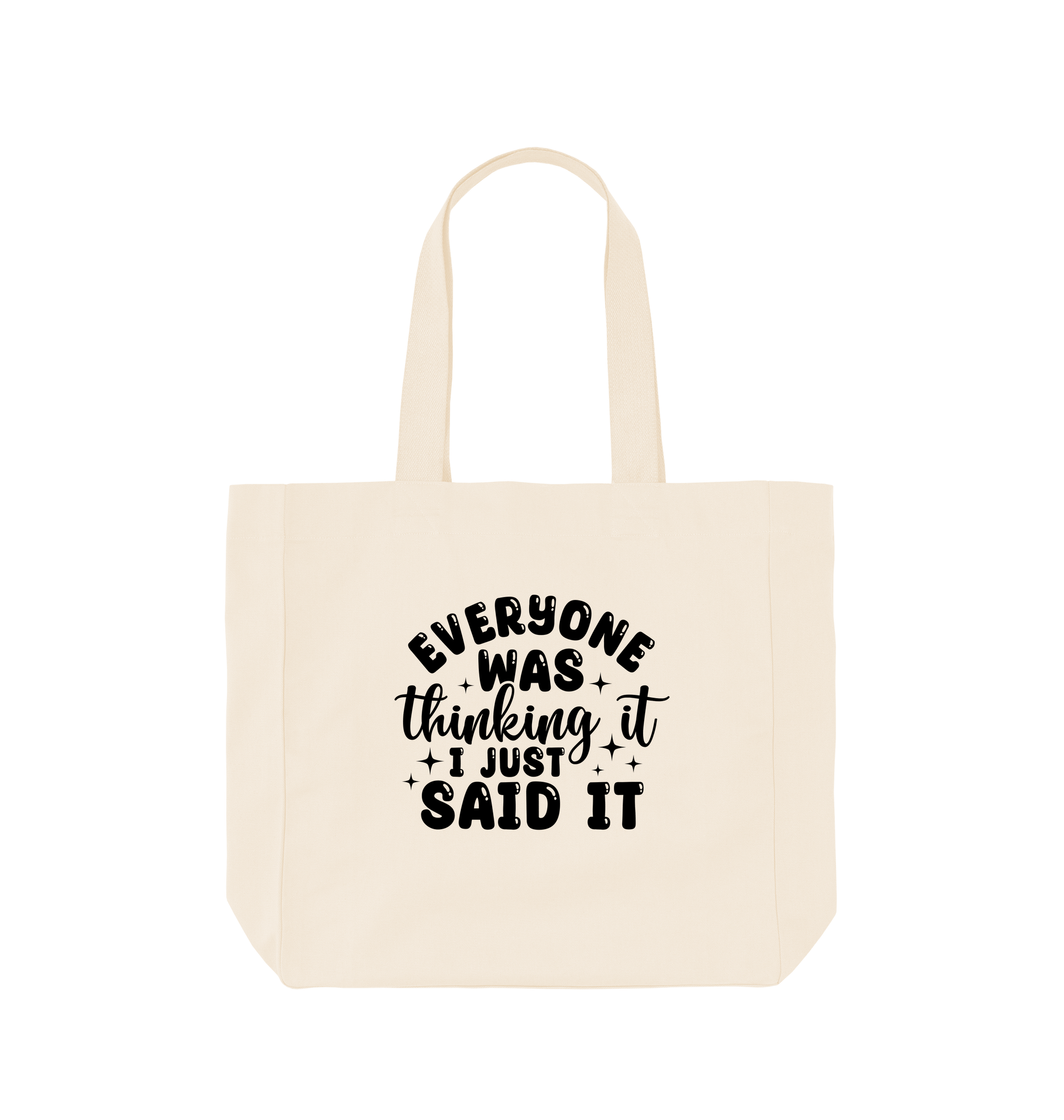 White tote bag with black text