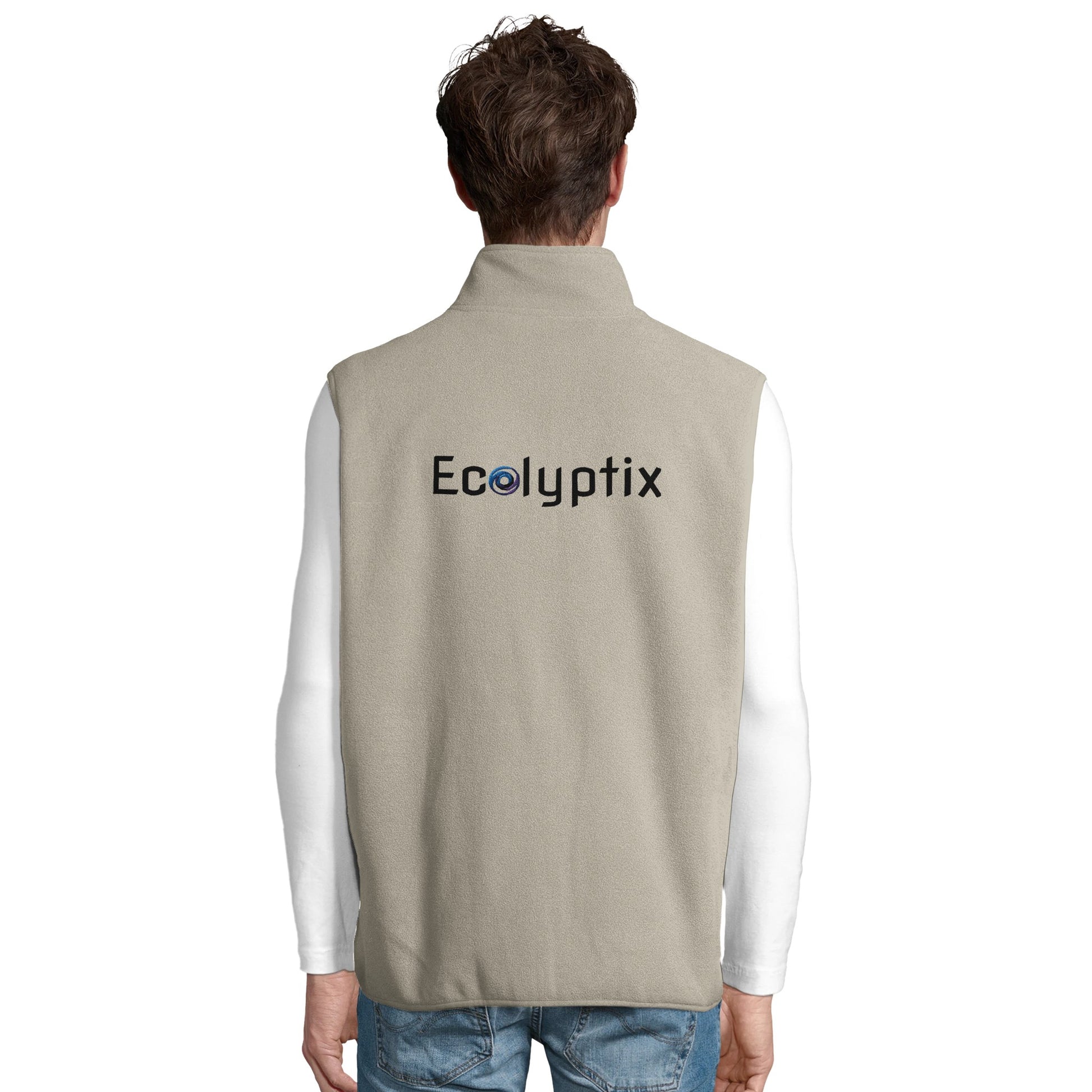Beige fleece vest with "Ecolyptix" logo (person)