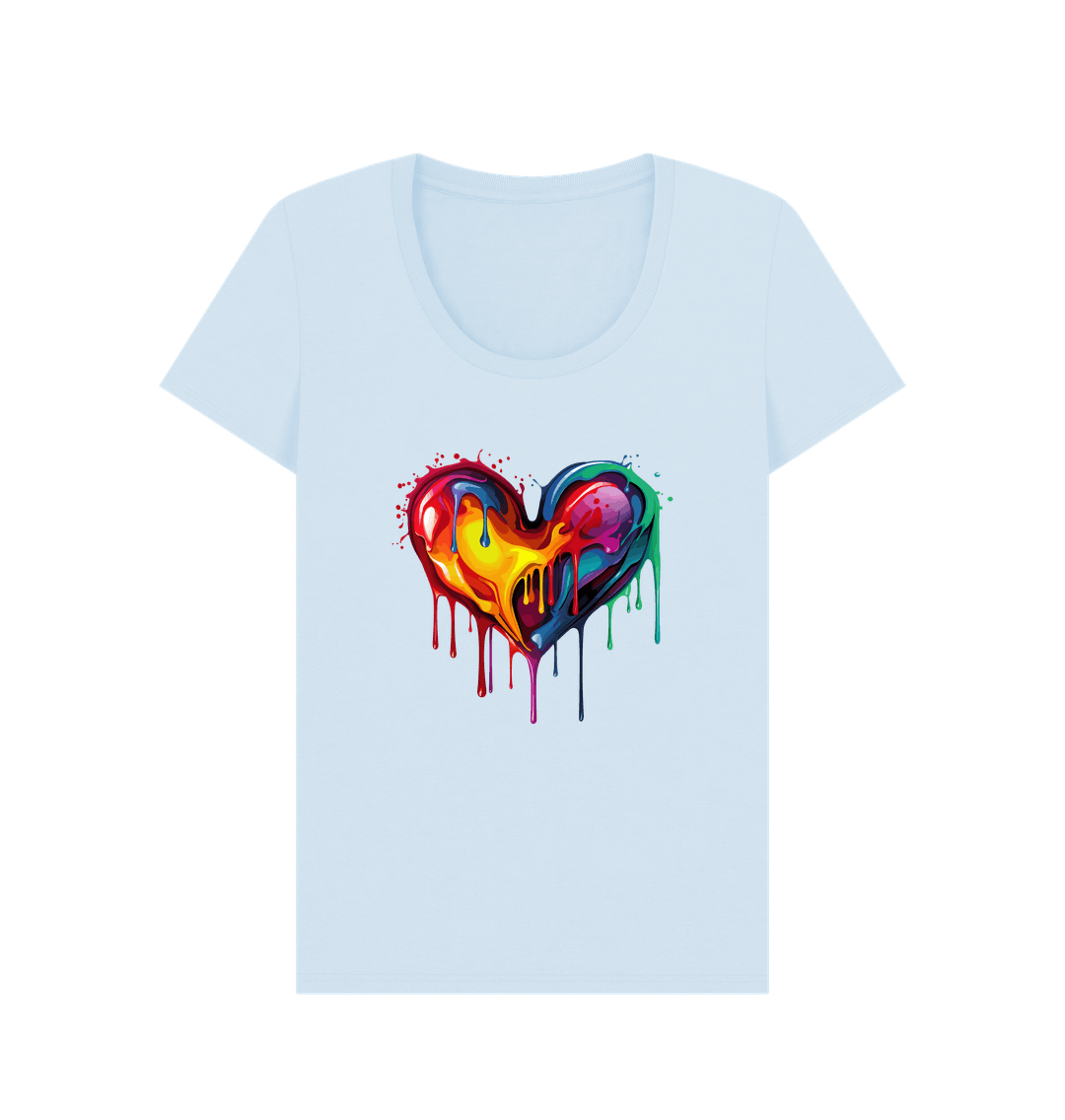 White t-shirt with colorful dripping heart design