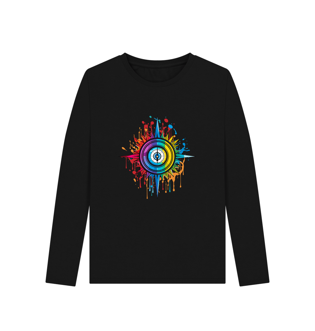 Black long-sleeved t-shirt with colorful abstract design