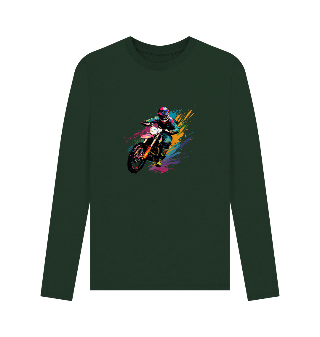 Forest green long-sleeved t-shirt with dirt bike graphic