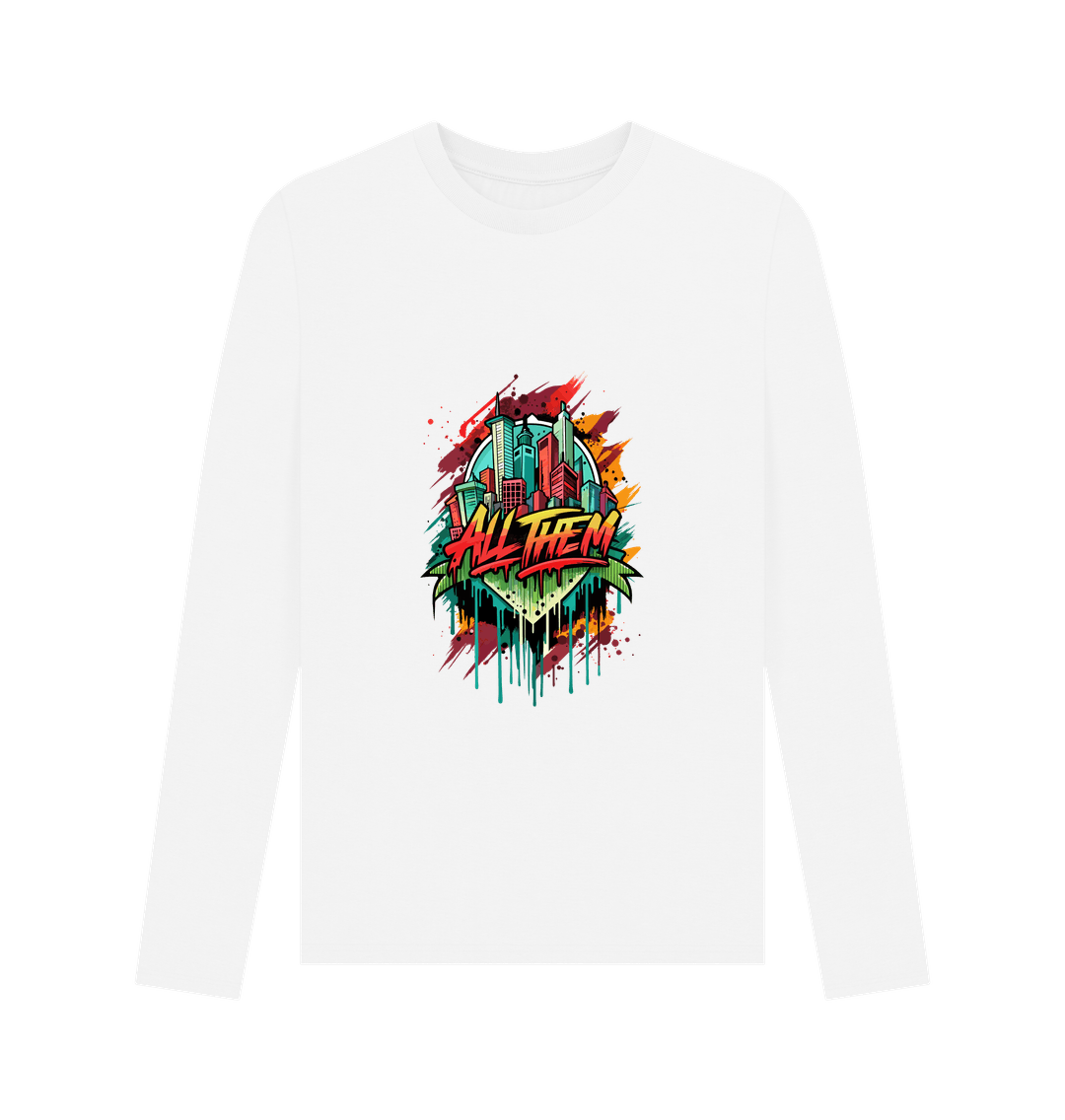 White long-sleeved t-shirt with colorful cityscape graphic