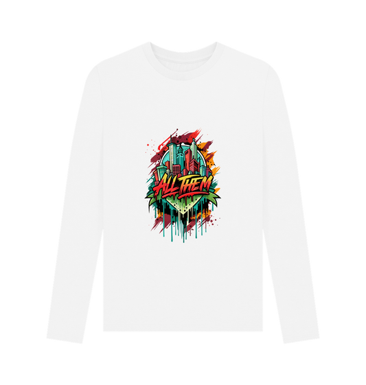 White long-sleeved t-shirt with colorful cityscape graphic