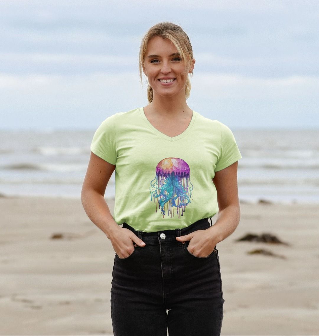 Lime green t-shirt with jellyfish graphic (person)