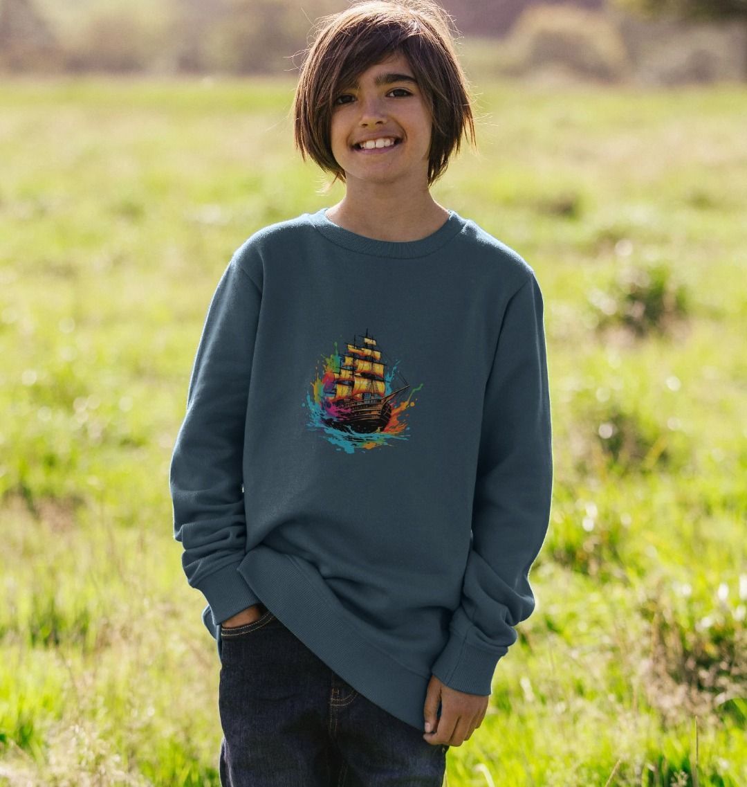 Dark green sweatshirt with colorful ship design (person)