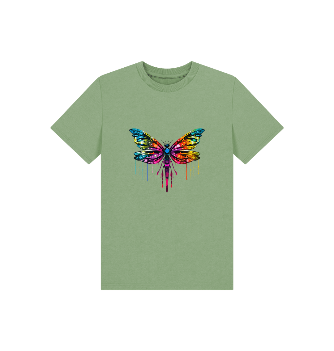 Green t-shirt with colorful butterfly design