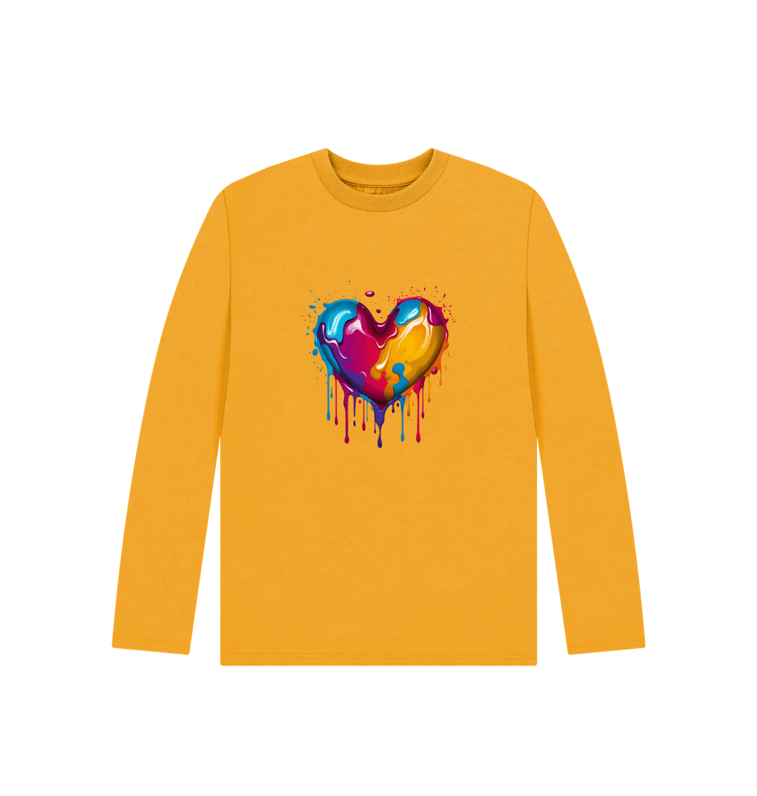 Yellow long-sleeve t-shirt with colorful dripping heart design