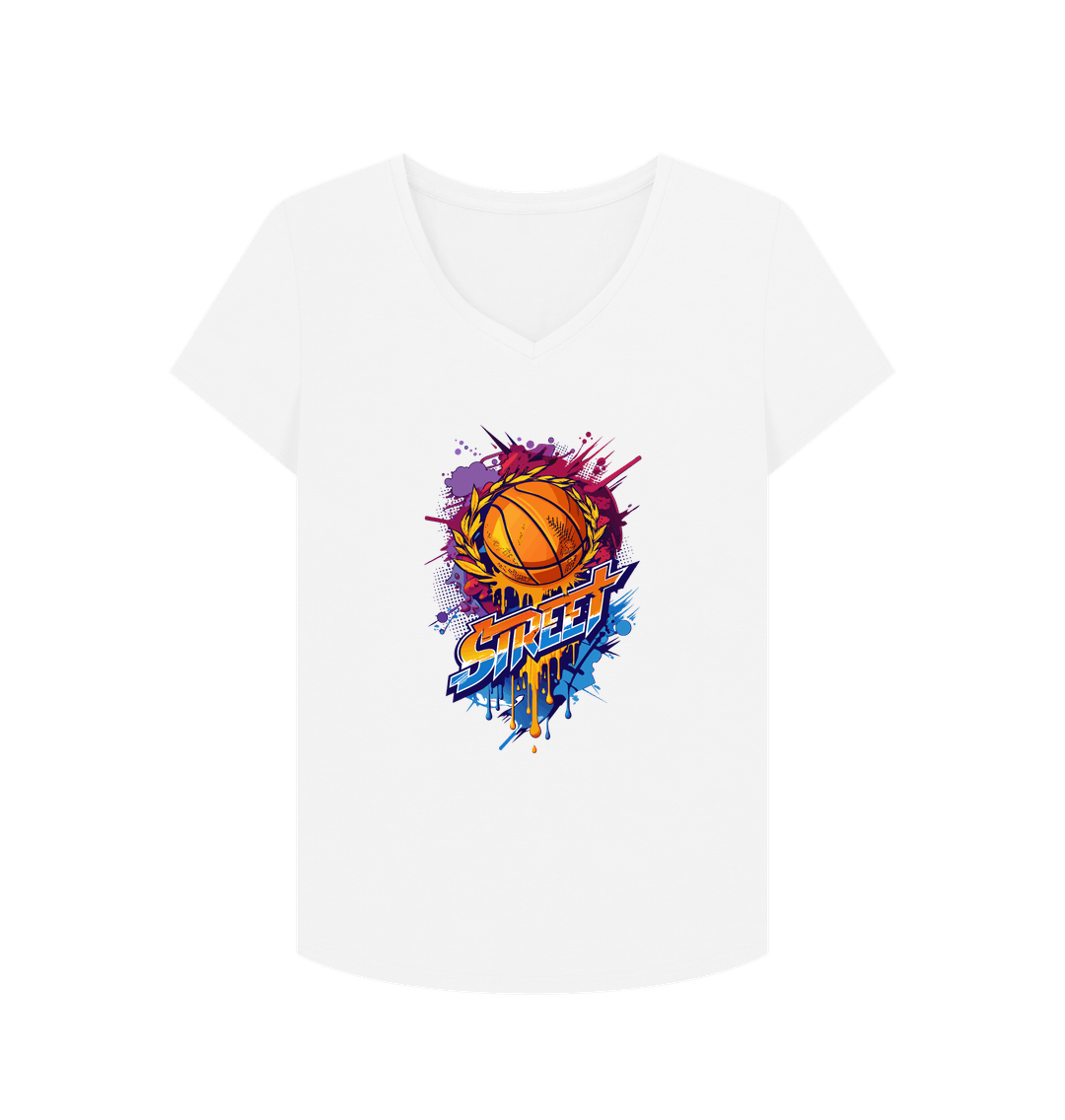 White V-neck t-shirt with basketball graphic
