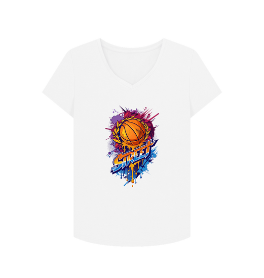 White V-neck t-shirt with basketball graphic