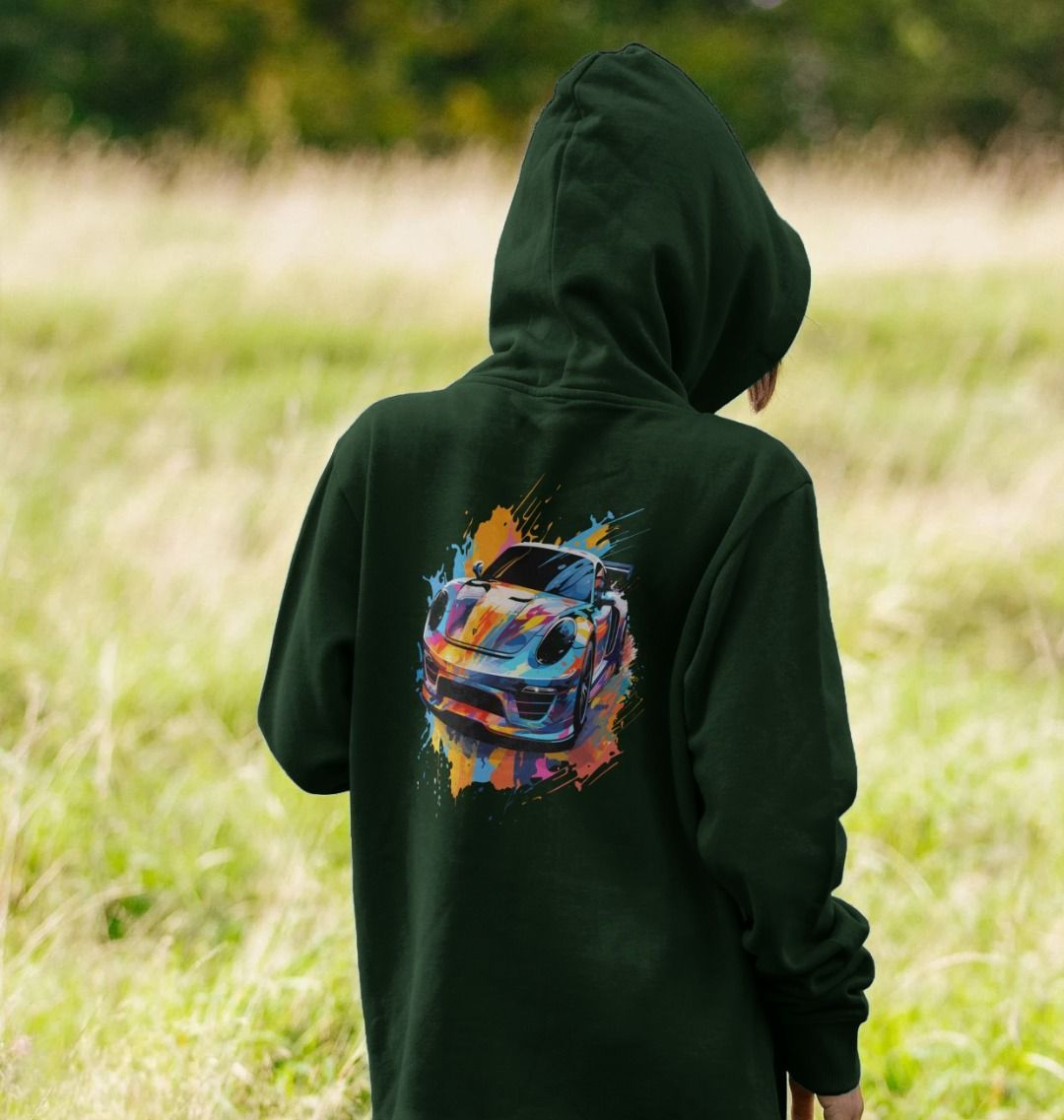 Green hoodie with colorful car graphic (person)