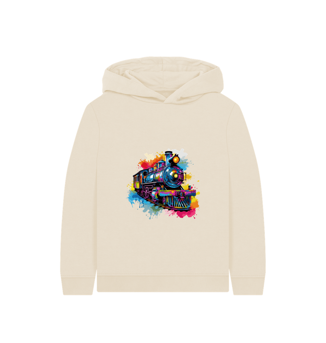 Cream hoodie with colorful train graphic
