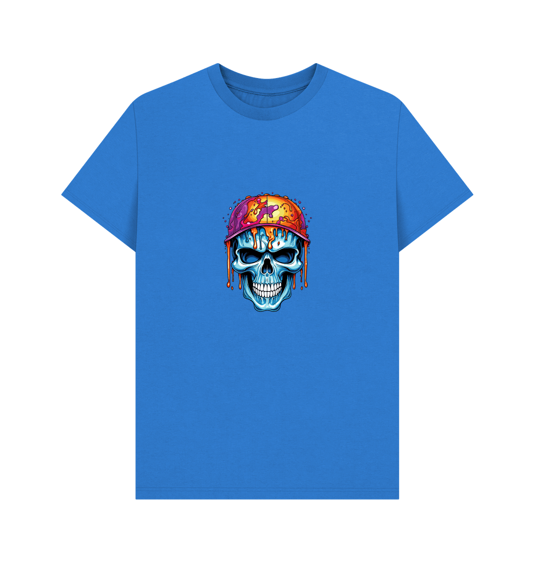 Blue t-shirt with skull graphic