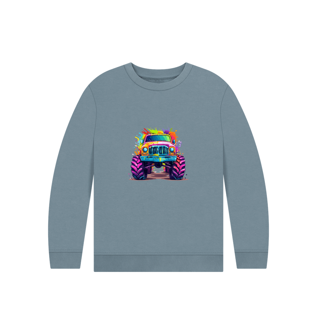 Gray sweatshirt with colorful monster truck graphic