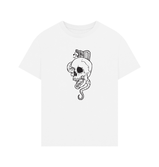 White t-shirt with skull and snake design