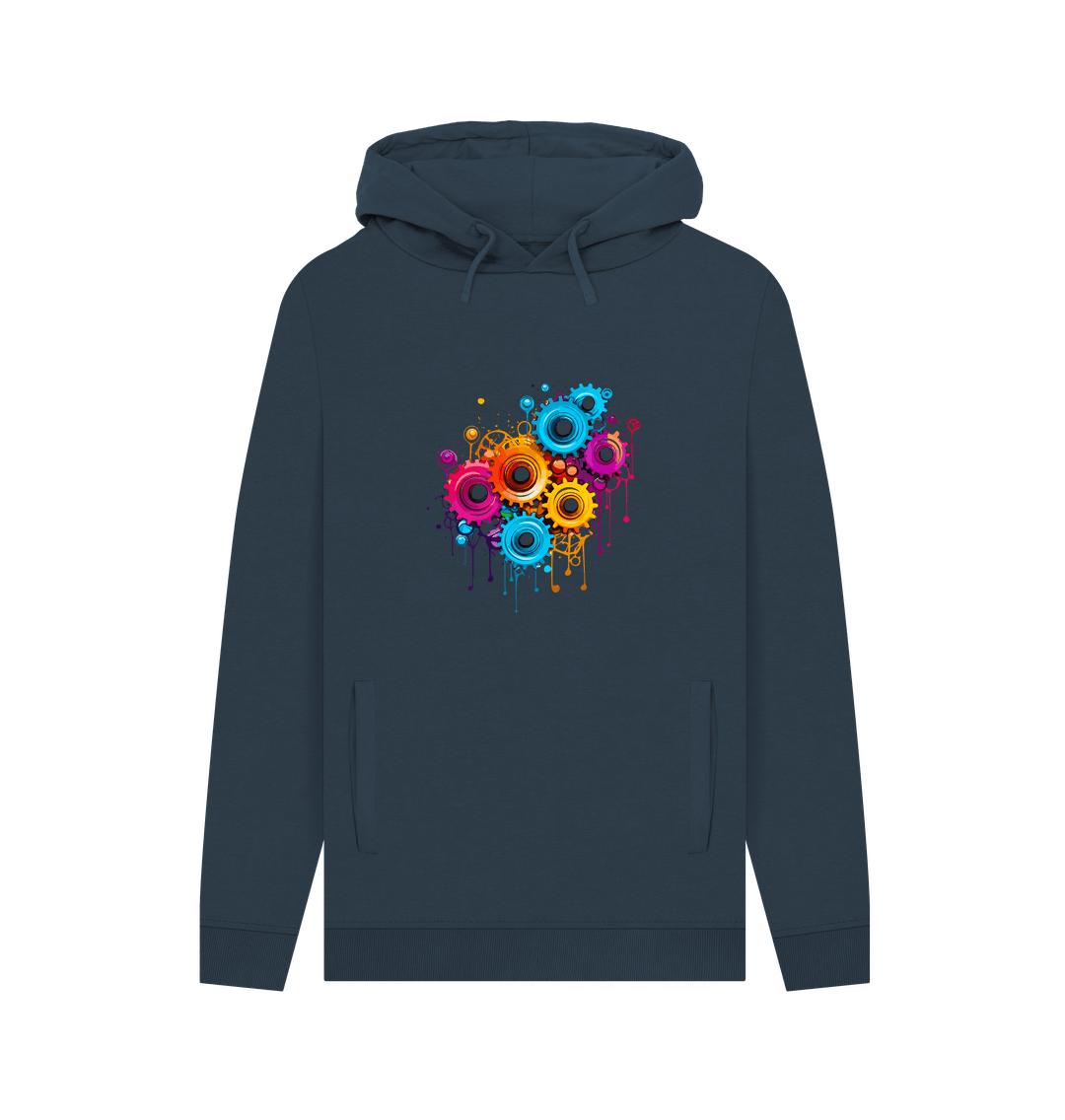 Dark gray hoodie with colorful gear design