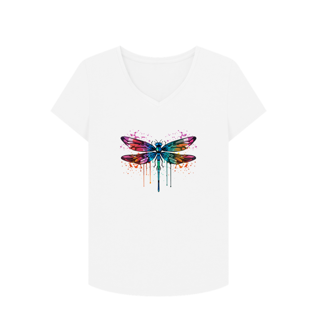 White t-shirt with colorful dragonfly design