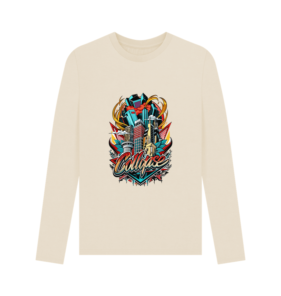 Cream long-sleeved t-shirt with cityscape graphic