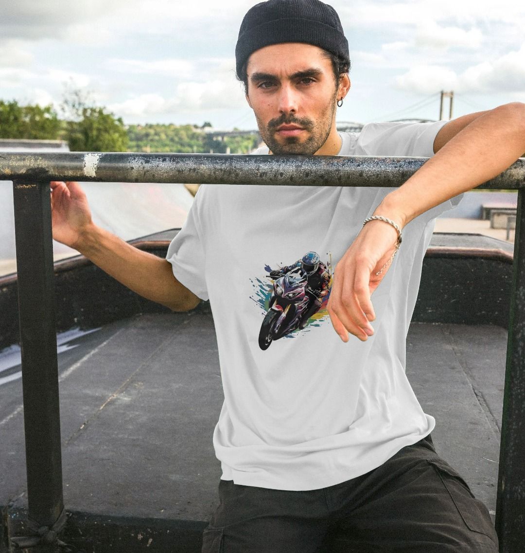 White t-shirt with motorcycle graphic (person)