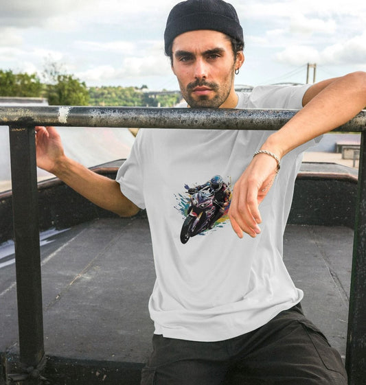 White t-shirt with motorcycle graphic (person)