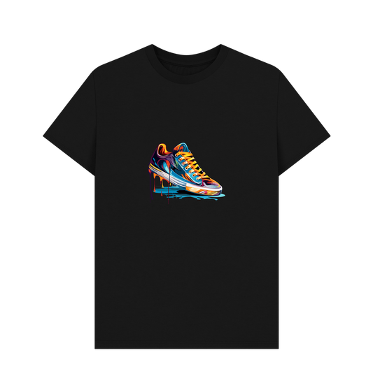 Black t-shirt with colorful sneaker graphic