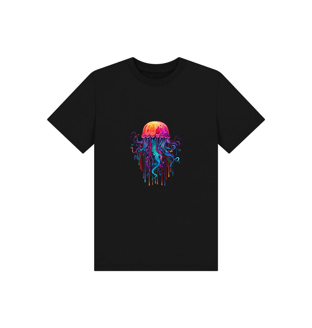 Black t-shirt with colorful jellyfish design