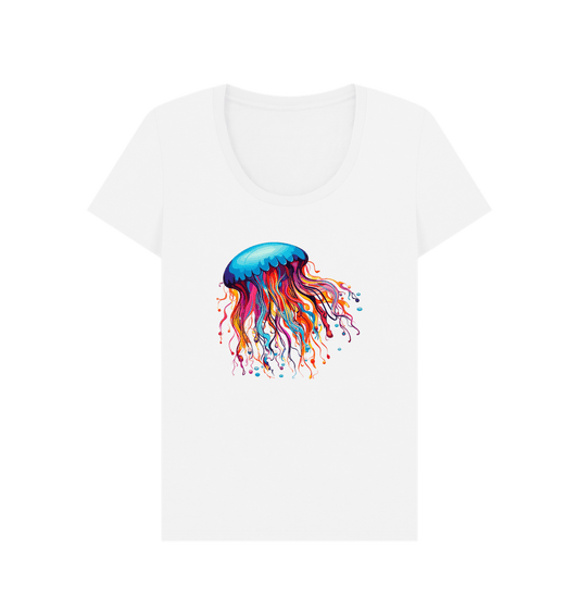 White t-shirt with colorful jellyfish design