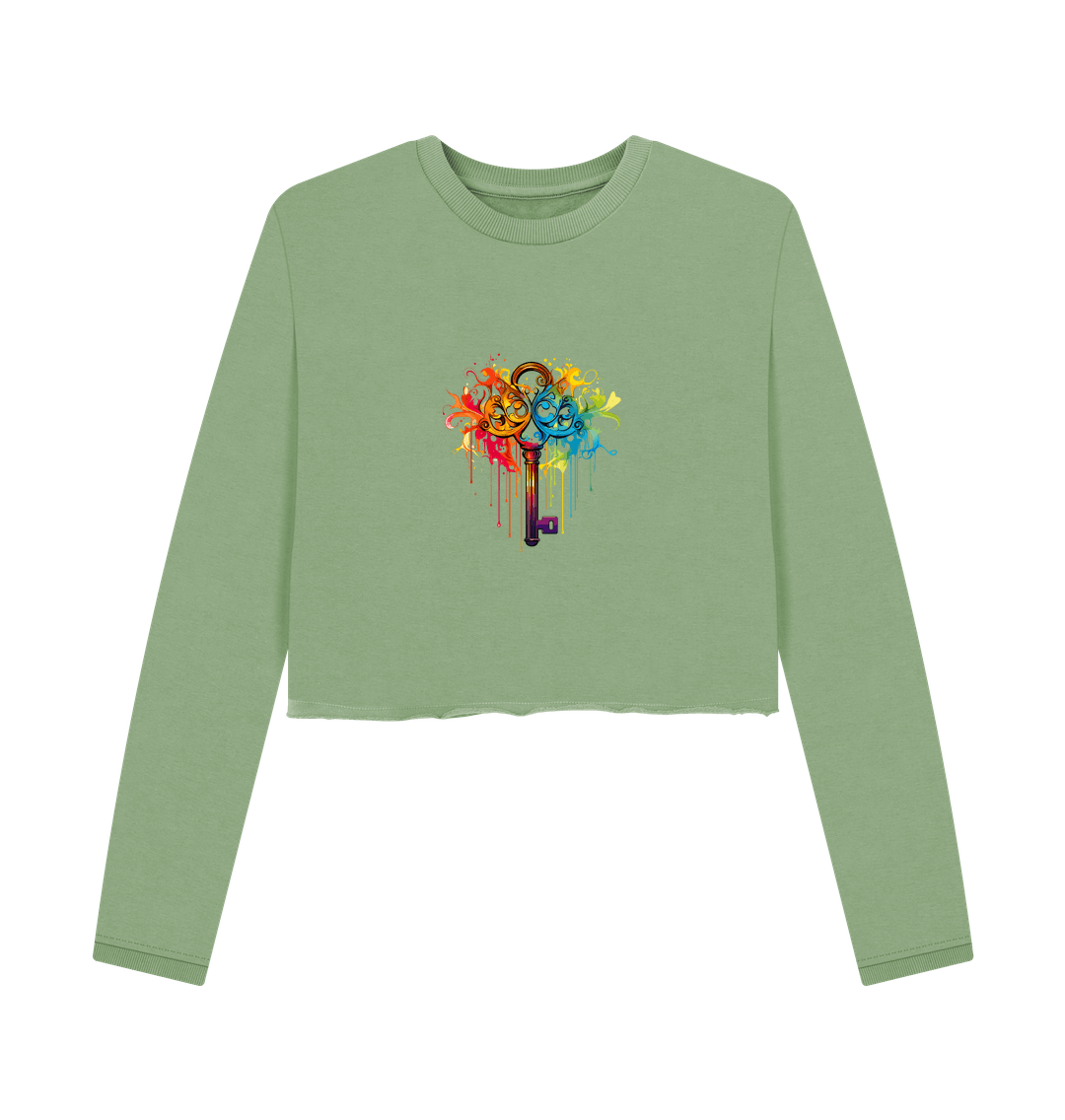Green cropped sweatshirt with colorful key design