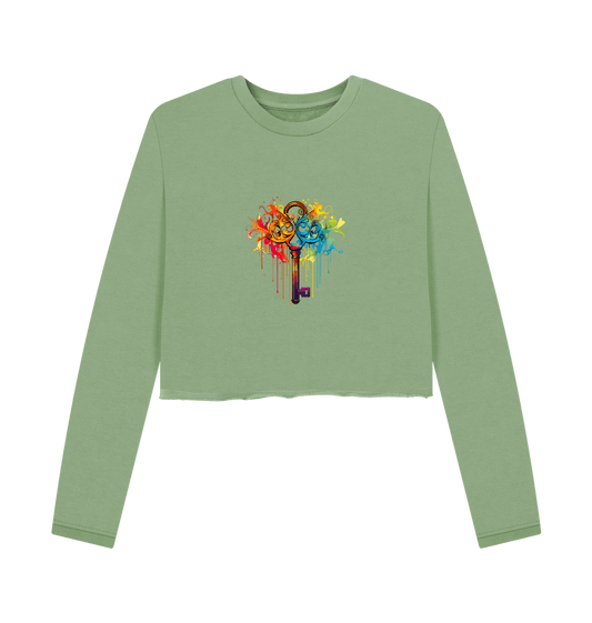 Green cropped sweatshirt with colorful key design