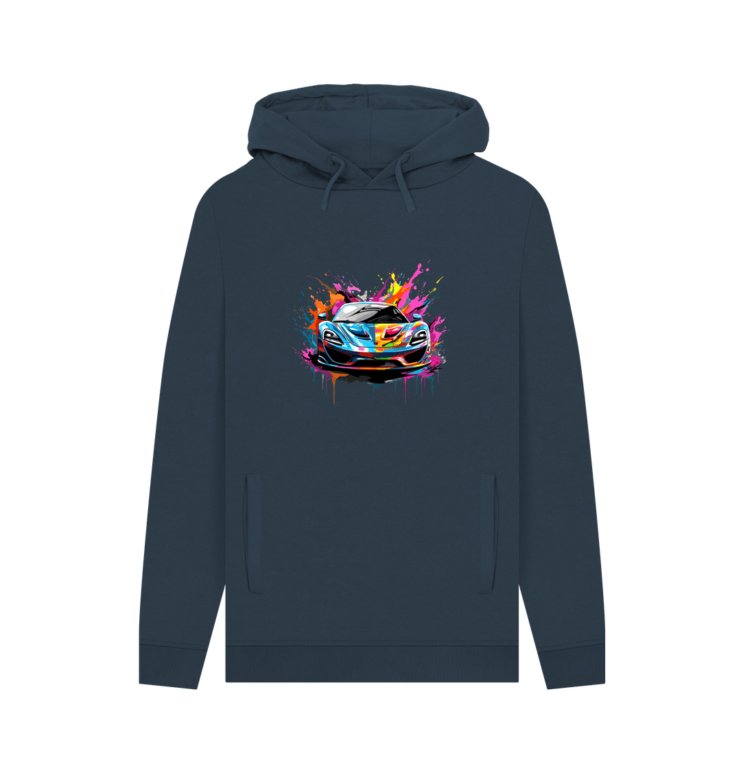 Dark blue hoodie with colorful car graphic