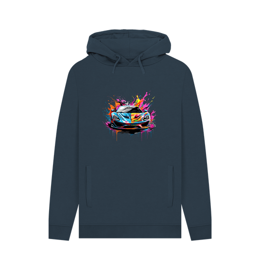 Dark blue hoodie with colorful car graphic