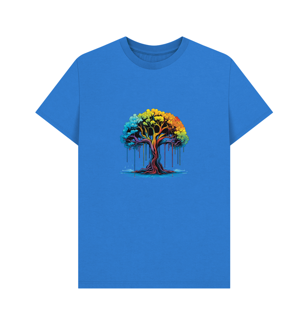 Blue t-shirt with colorful tree design