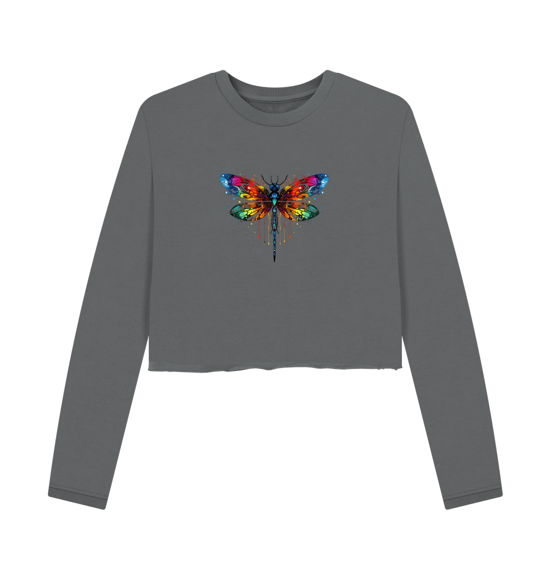Gray cropped sweatshirt with colorful butterfly design