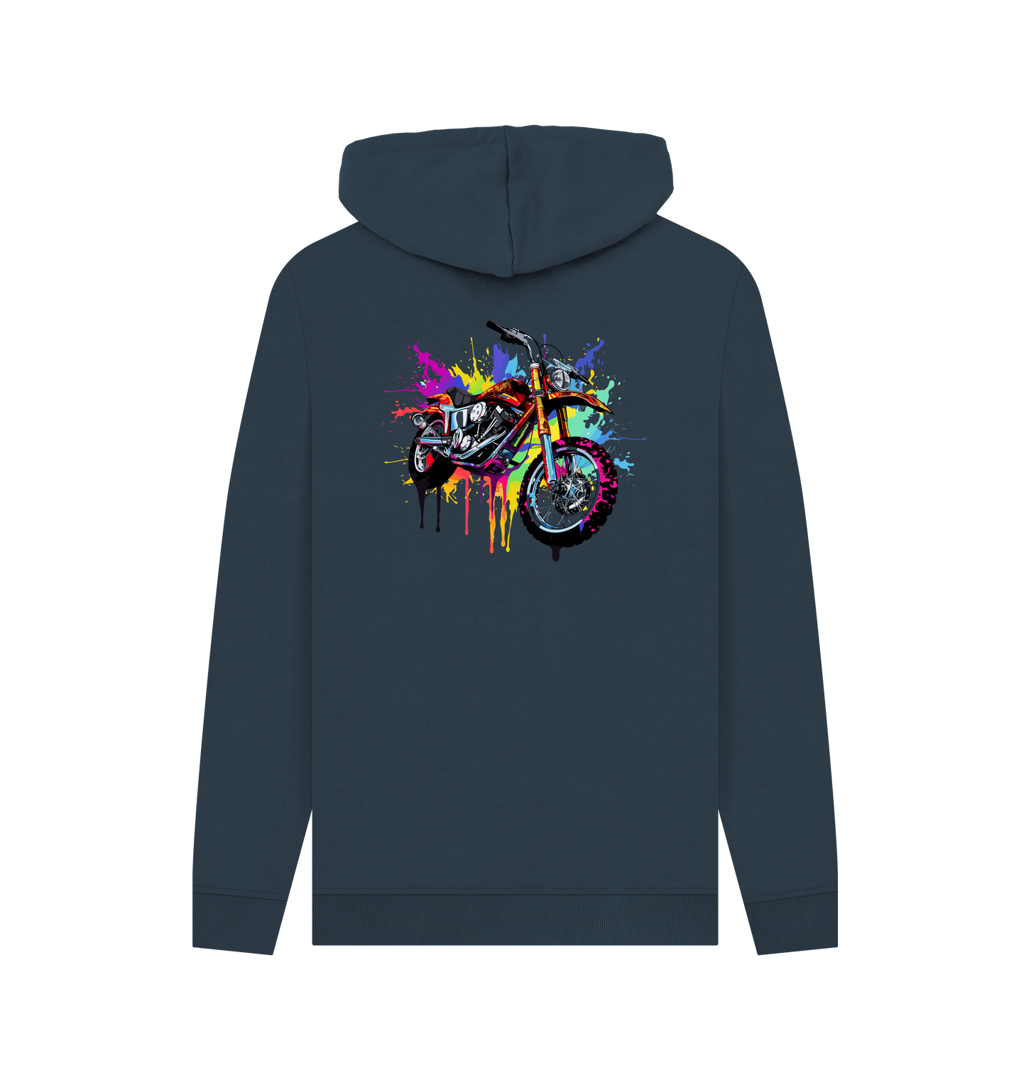Dark blue hoodie with colorful motorcycle graphic