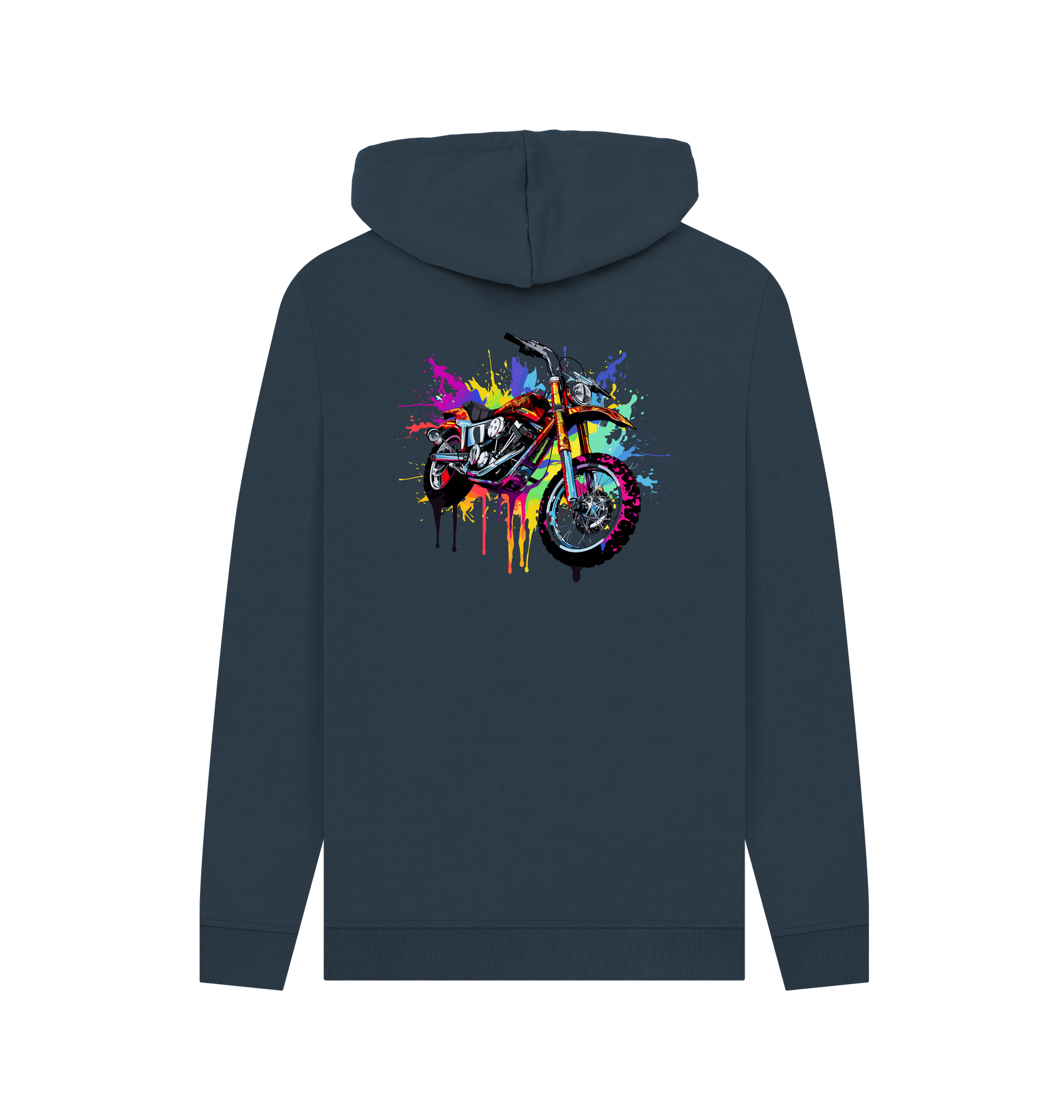 Dark blue hoodie with colorful motorcycle graphic