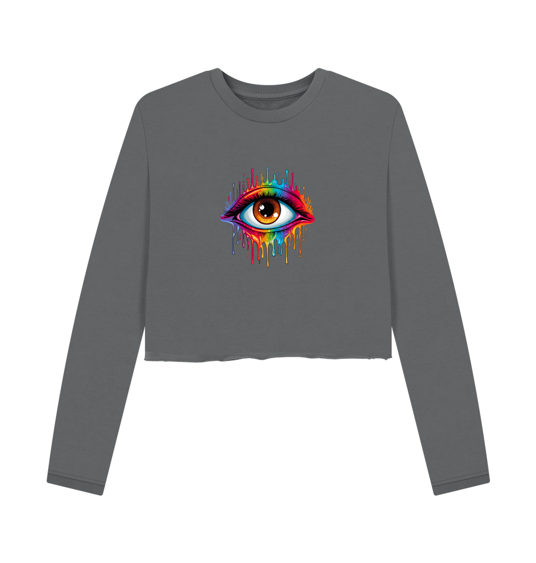 Gray cropped sweatshirt with colorful eye graphic