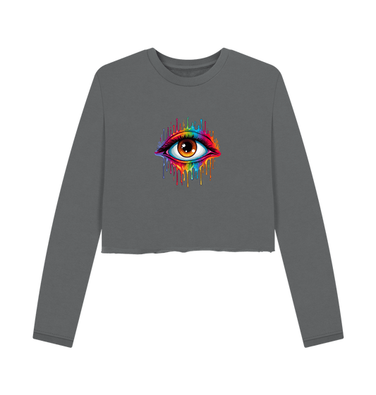 Gray cropped sweatshirt with colorful eye graphic
