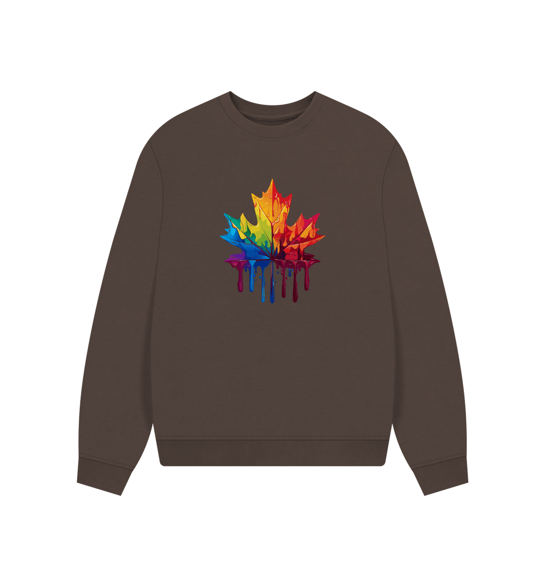Brown sweatshirt with colorful dripping leaf design