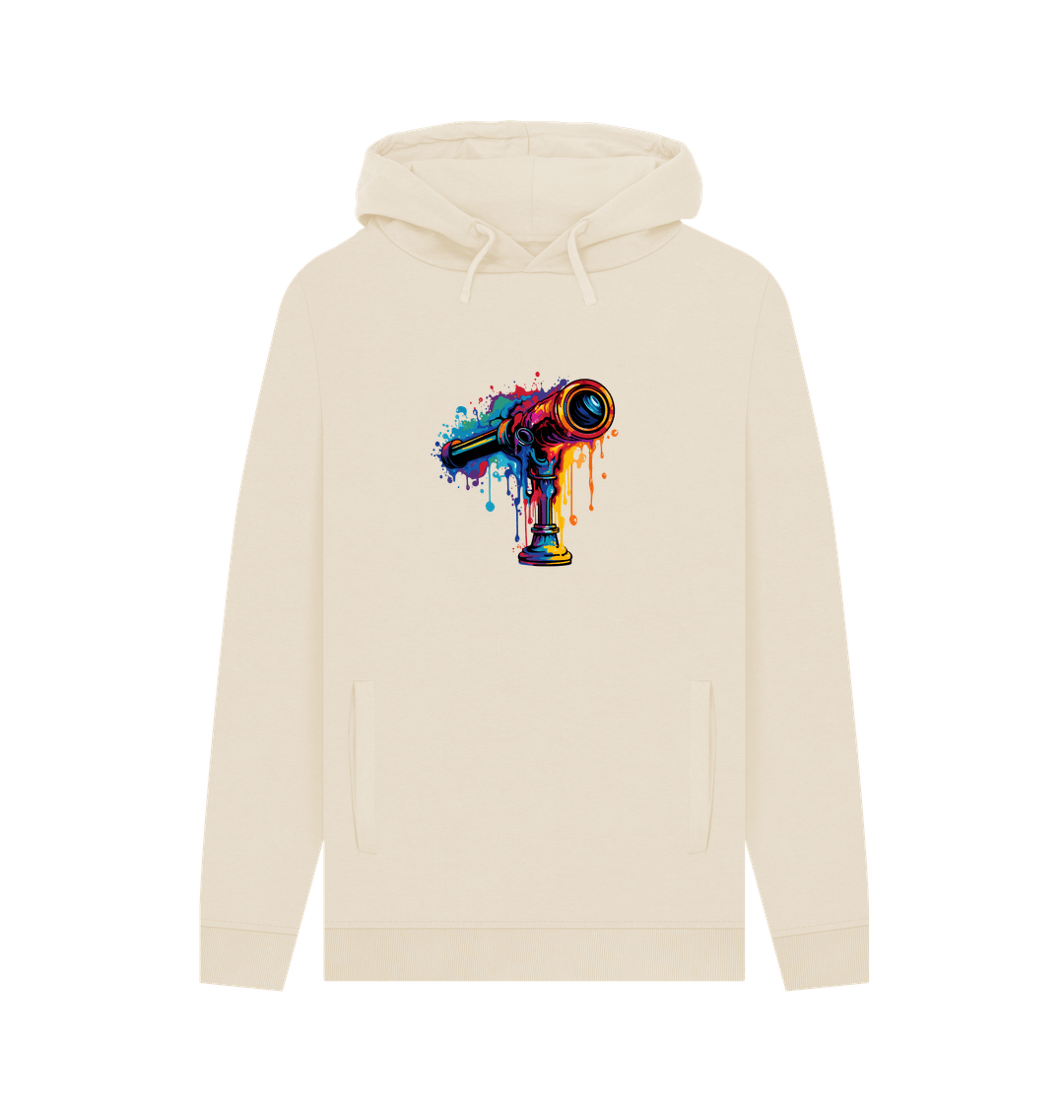 Cream hoodie with colorful telescope graphic