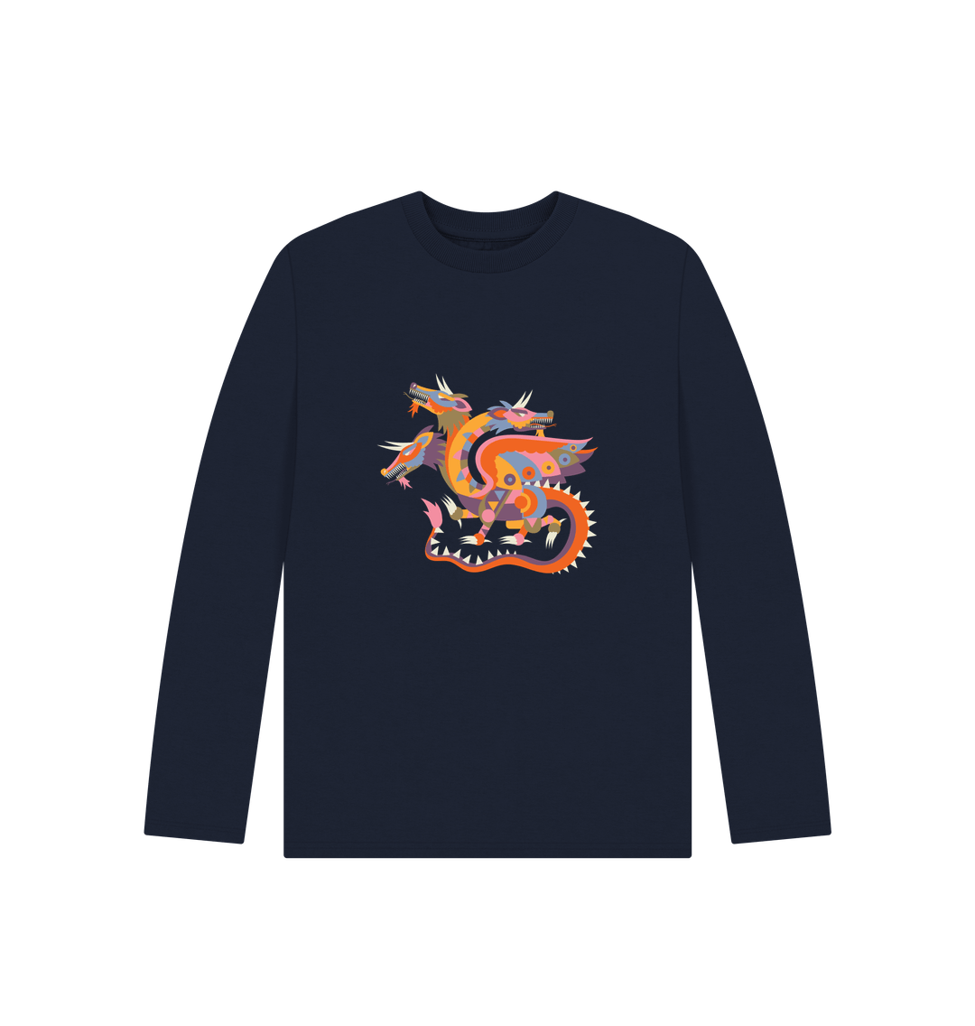 Navy blue long-sleeved t-shirt with dragon design