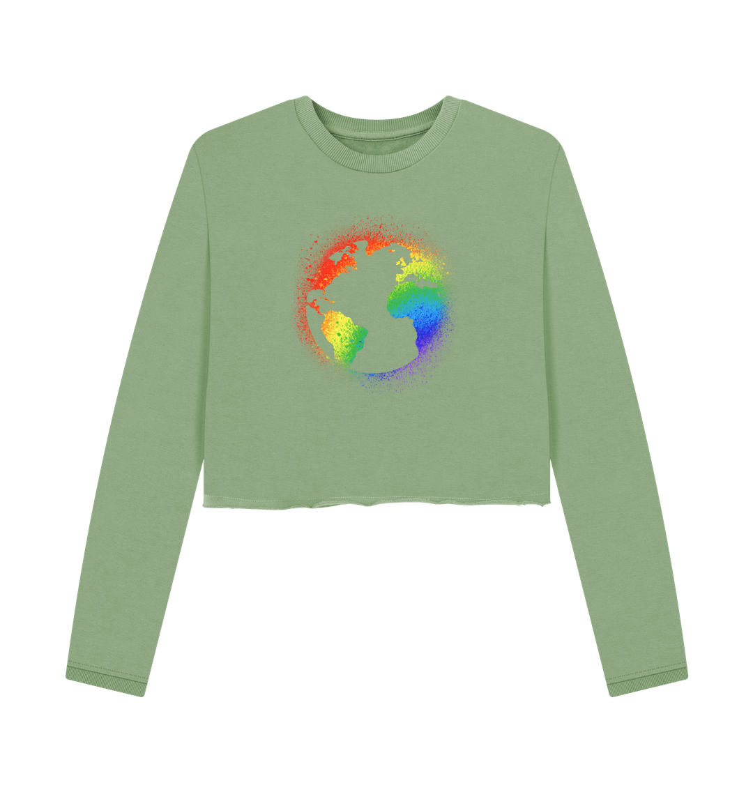 Green cropped sweatshirt with rainbow globe design