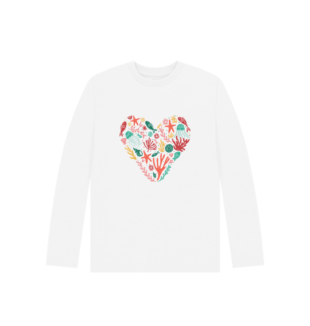 White long-sleeved t-shirt with heart-shaped marine life design