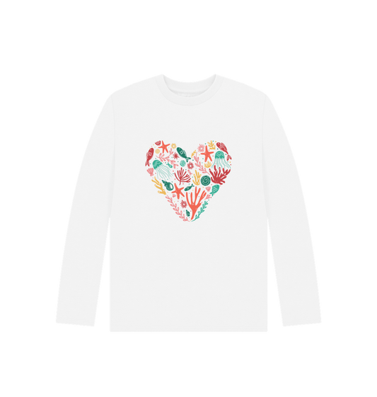 White long-sleeved t-shirt with heart-shaped marine life design